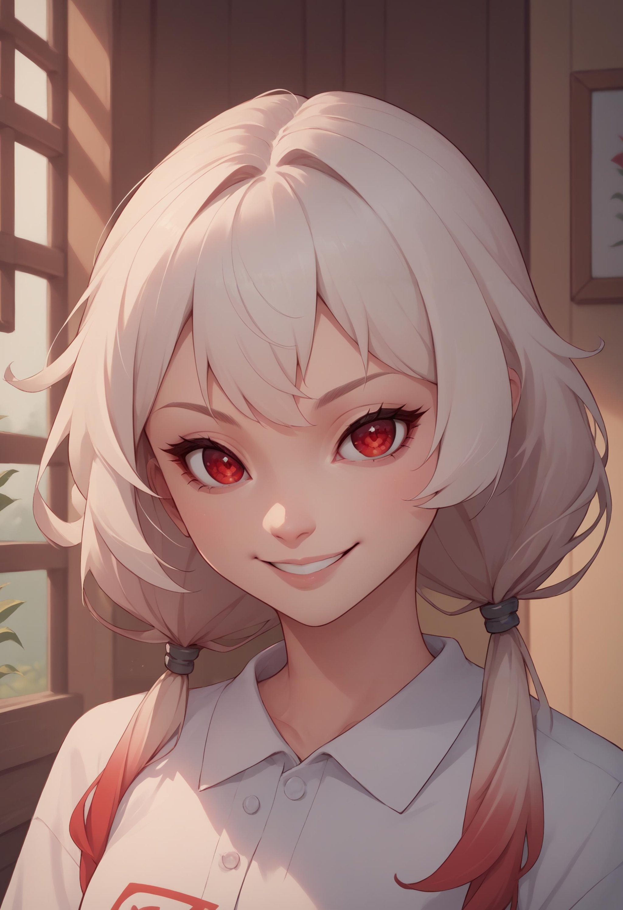 score_9, score_8_up, score_7_up, source_anime, 1girl, blonde IncursioDipDyedHair, <lora:DipDyedHairXLPD-000009:1>, upper body, red eyes, shirt, red eyes, seductive smile, white hair, low twintails, 