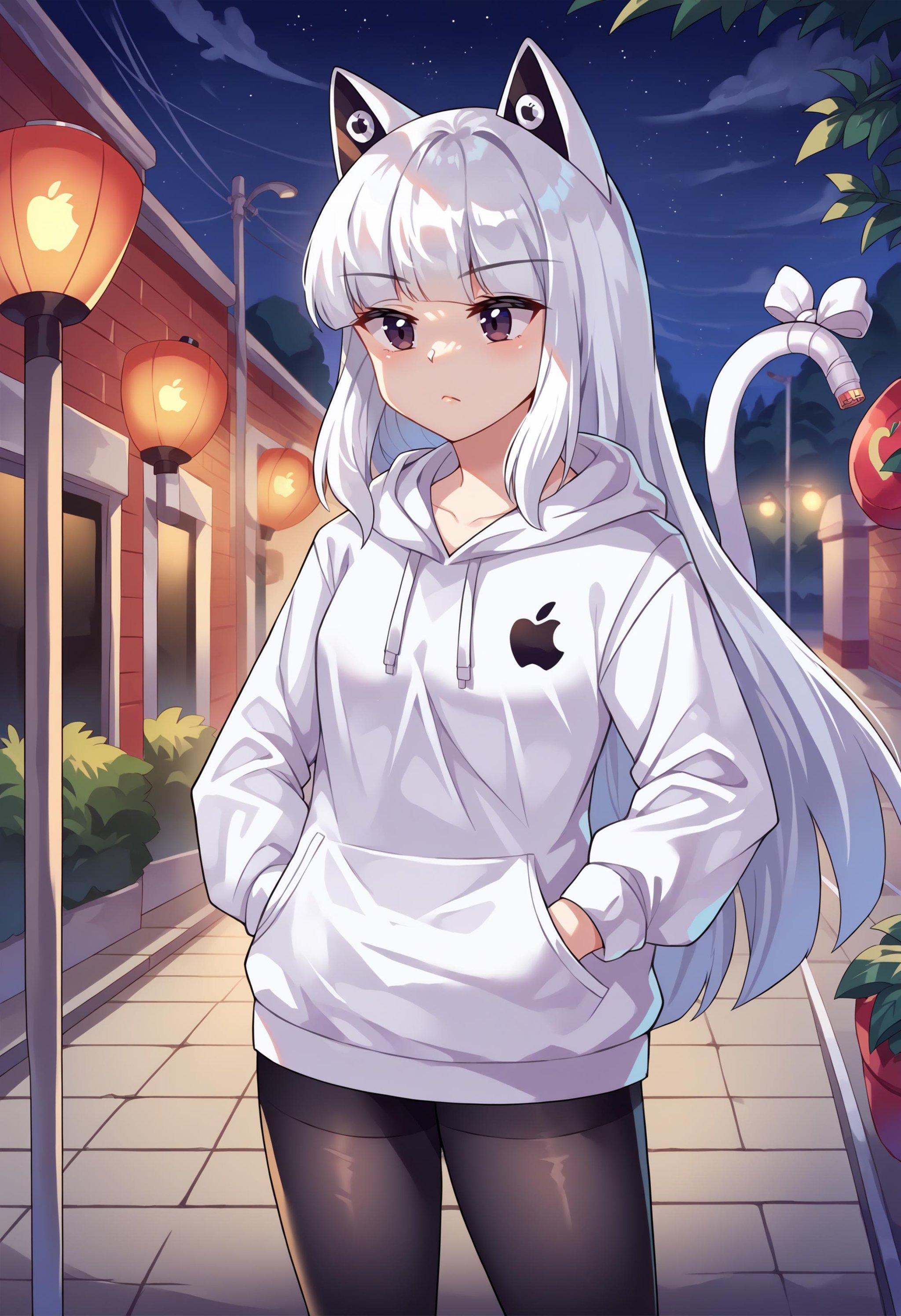 score_9, score_8_up, source_anime, 1girl, cowboy shot, IPhonechan, appleicon, cat tail, tail ornament, tail bow,  <lora:IPhonechan_PDXL:1>, white hoodie, outdoors, night, hands in pockets, black pantyhose, 