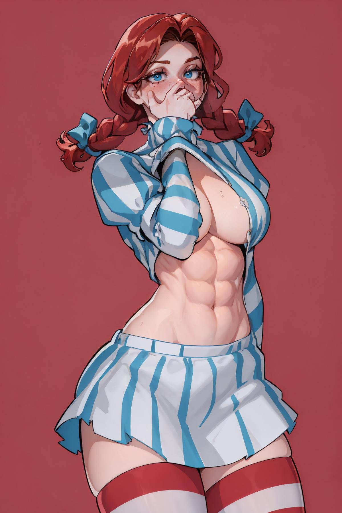 IncrsGCMeme, <lora:GuiltyChallengeMemeV2:1>, lifted by self, covering mouth, abs, striped shirt, ffwendys, twin braids, hair bow, striped sleeves, puffy sleeves, striped thighhighs, <lora:Char_Meme_Wendy:1>, large breasts, 