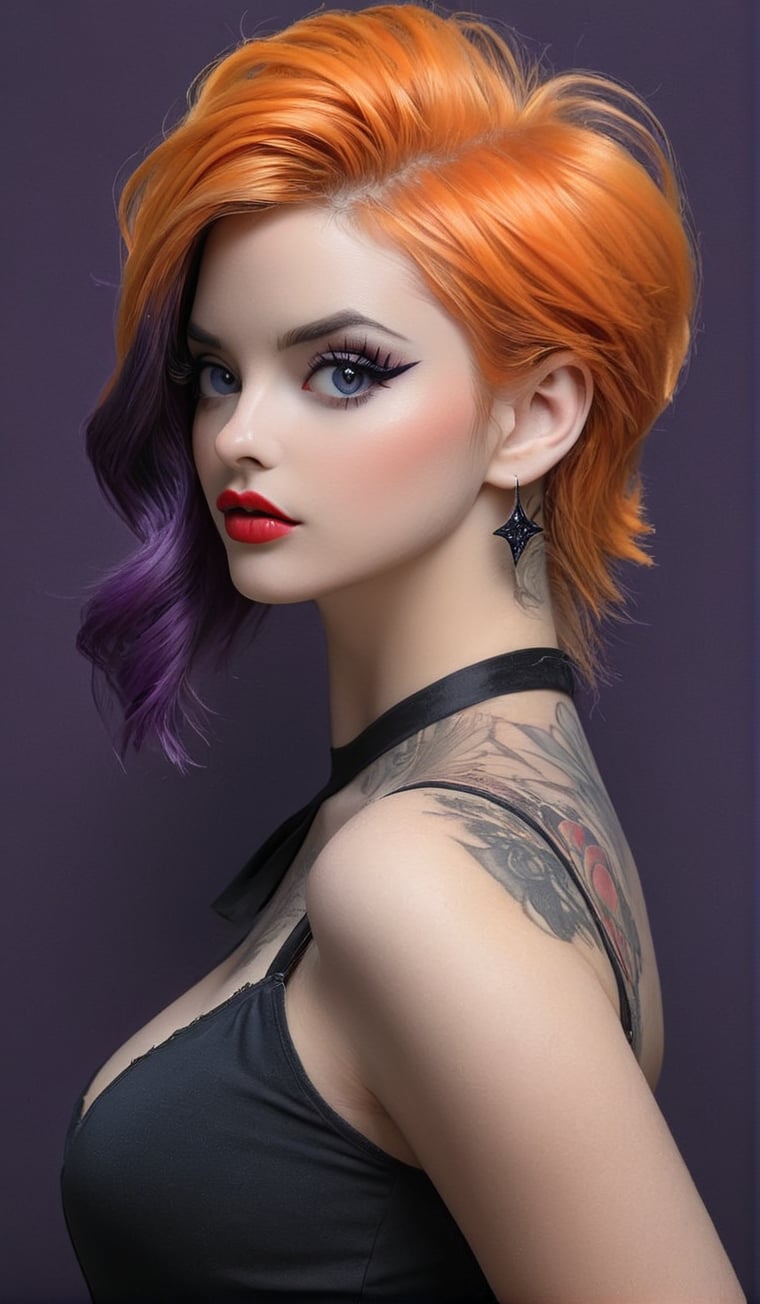 Tattoo sketch, double exposure. high quality, high detail, (16K Ultra HD), (masterpiece), (best quality), (ultra realistic detail). (beautiful rockabilly girl), (Orange Purple hair with dark roots), dark smoky background
