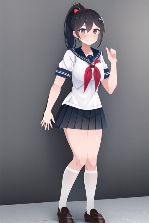 1girl, solo, black hair, ponytail, black eyes, looking at viewer, skirt, shirt, school uniform, standing, full body, white shirt, short sleeves, pleated skirt, shoes, serafuku, black socks, sailor collar, black footwear, blue skirt, neckerchief, kneehighs, white socks, blue sailor collar, loafers, red neckerchief,Yandere Simulator 