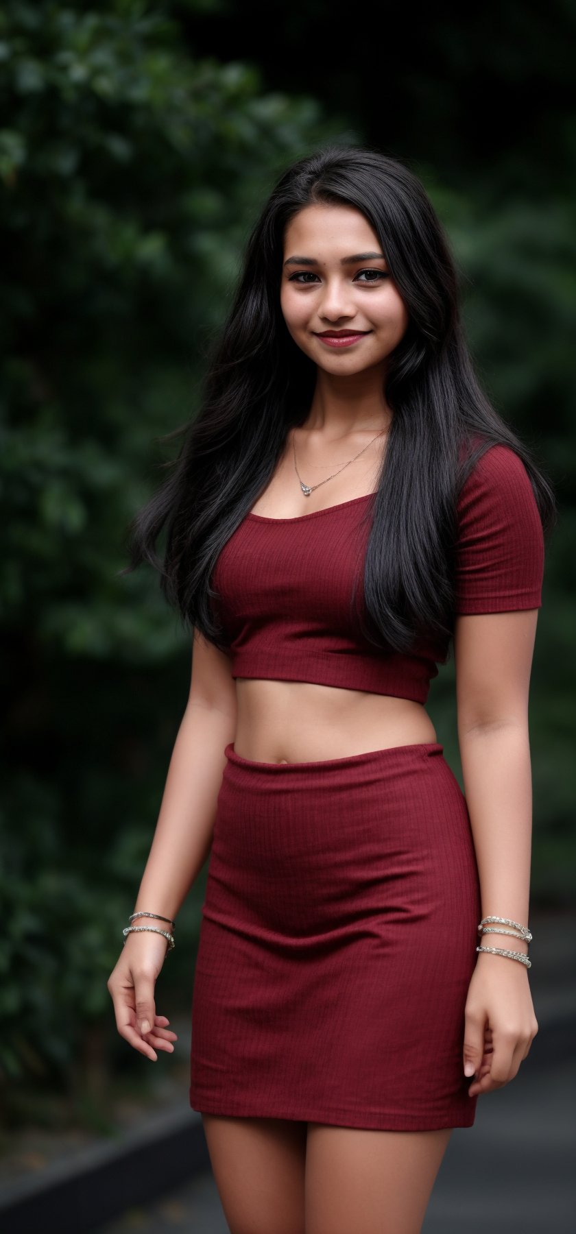 1girl, solo, long hair, looking at viewer, smile, black hair, dress, jewelry, standing, necklace, blurry, Red dress, bracelet, realistic, 15 years old, dark skin , dim light, drak atmosphere, low light ,16 years old girl , Midriff 