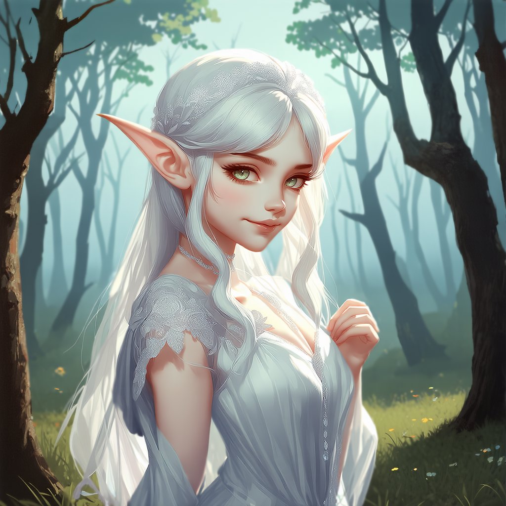 Elf Girl: A whimsical portrait of a petite, pointy-eared elven maiden, posing in front of a misty forest backdrop with a subtle gradient of blues and greens. Soft, warm lighting highlights her delicate features, including bright green eyes and a mischievous grin. She wears a flowing silver gown with intricate embroidery, adorned with tiny gemstones that sparkle in the fading light.