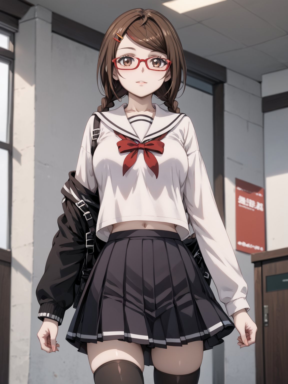 masterpiece, best quality, highres
,//Character, 
1girl, solo
,//Fashion, 

,//Background, 
,//Others, ,Expressiveh, 
,SakimiyaMisaki, brown hair, twin braids, brown eyes, glasses, red-framed eyewear, school uniform, hair ornament, hairclip, pleated skirt, black thighhighs