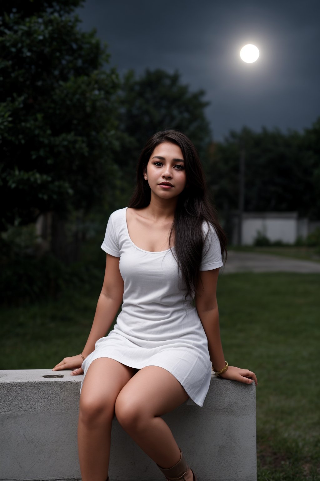 Girl, white dress, white boots, teenage, lovely face, night_sky:1, long_hair, juicy lip, moonlight on hair,Extremely Realistic, outside ,15 years old girl 