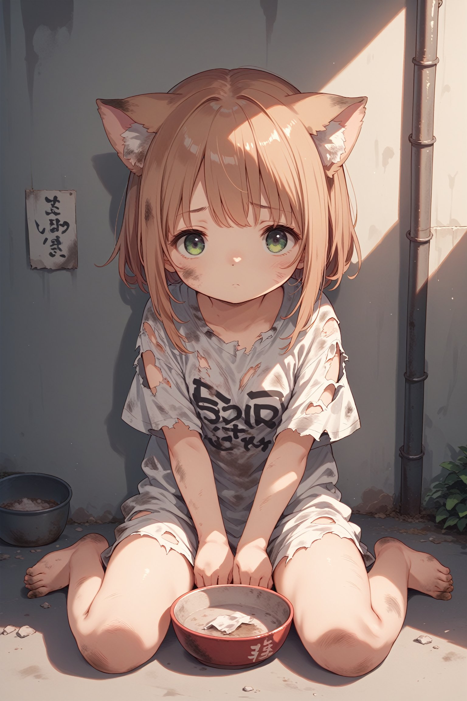 score_9, score_8_up, score_7_up,
1girl, torn shirt, dirty clothes, dirty body, fluffy cat ears, sitting wariza, looking at viewer, sad, empty bowl, street