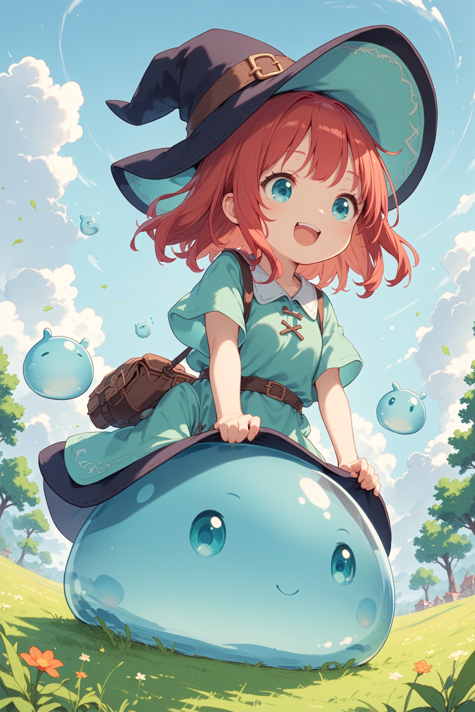 score_9, score_8_up, score_7_up,
1girl, red hair, aqua eyes, tunic, witch hat, happy, riding giant slime, meadow, blue sky, dynamic angle