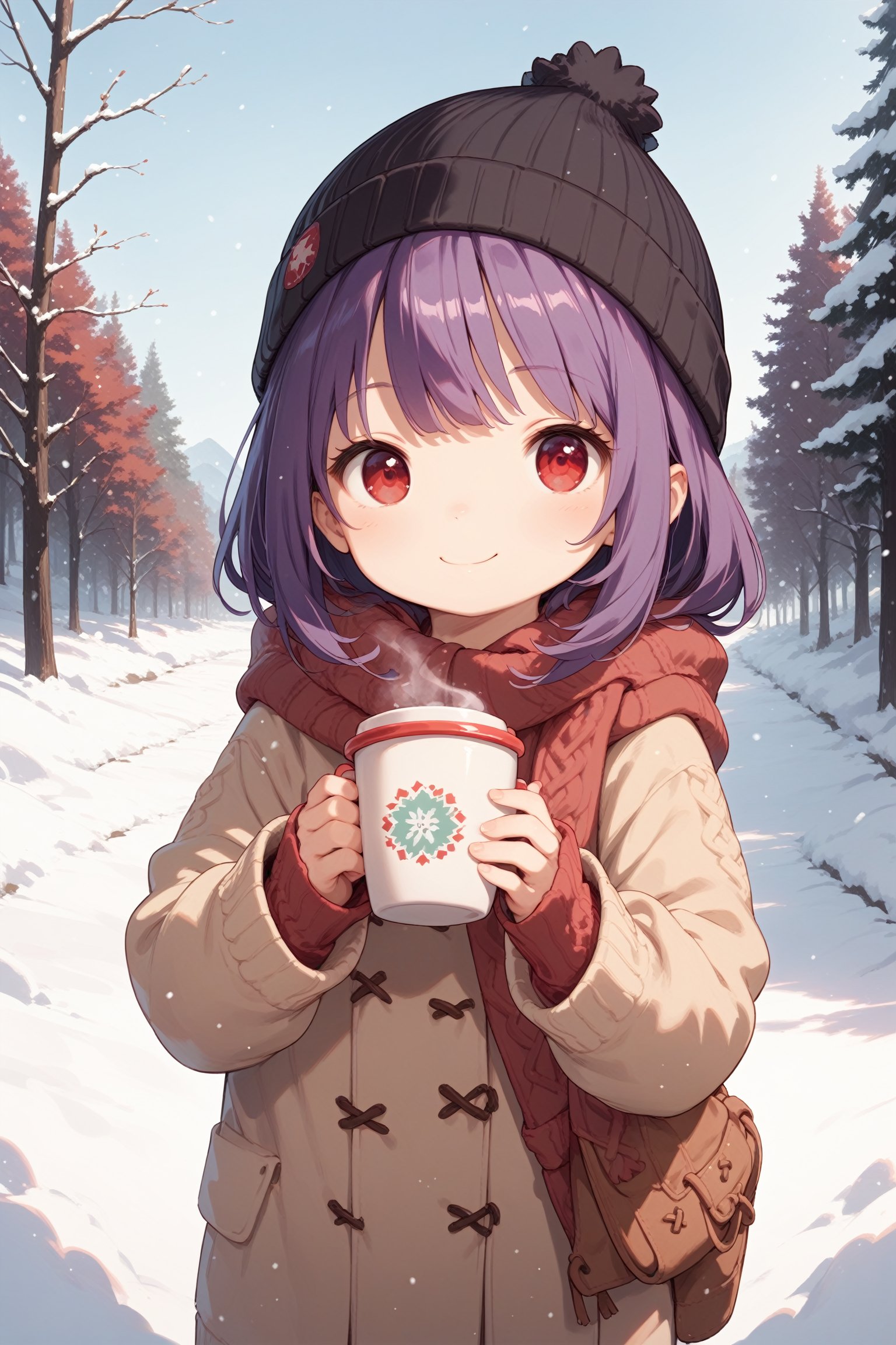 score_9, score_8_up, score_7_up,
1girl, purple hair, red eyes, beanie, sweater, holding hot cup, winter, snow, outdoors, soft smile, looking at viewer