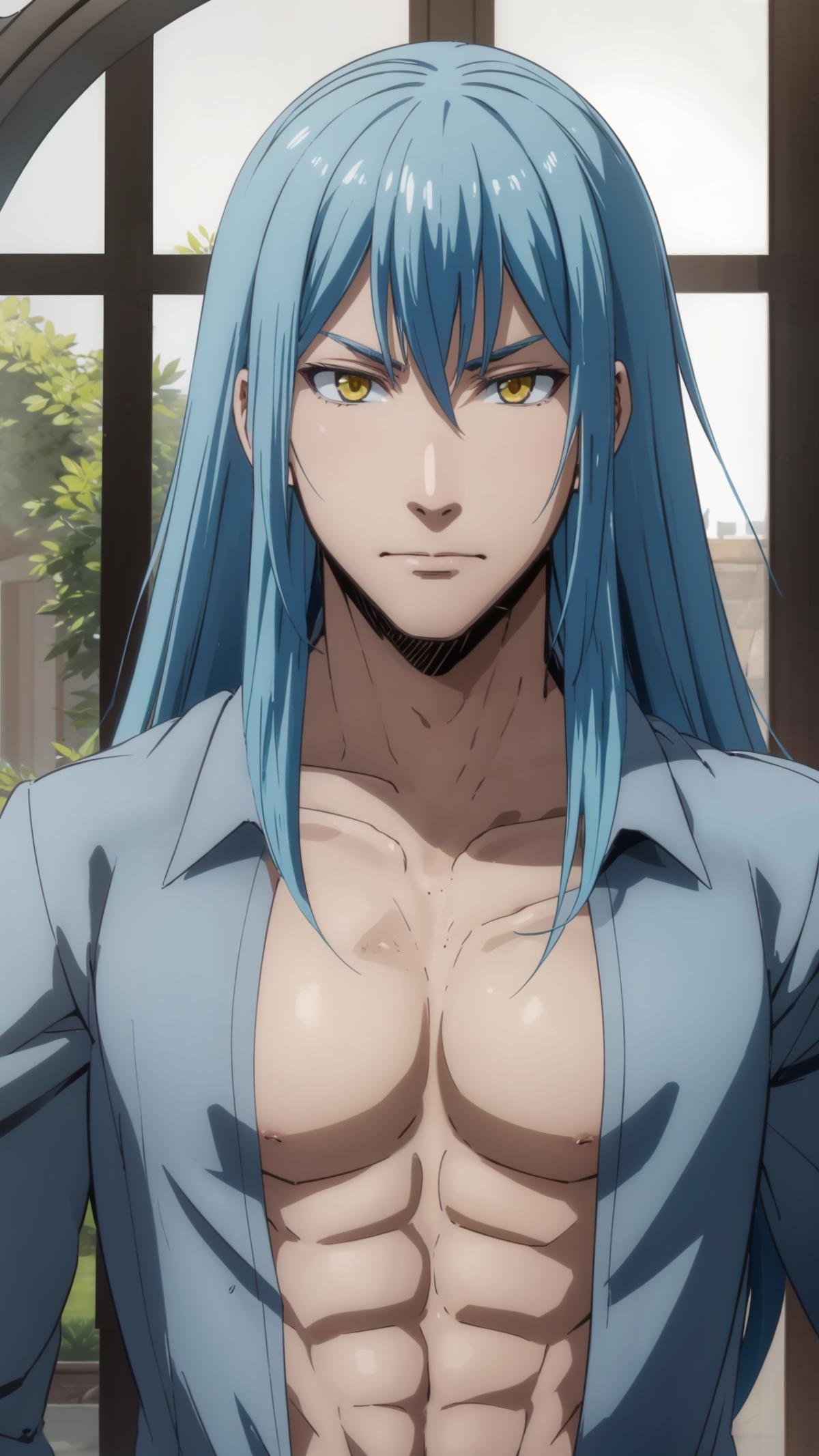 (masterpiece, best quality),ray tracing,absurdres, HDR,rimuru tempest, male, , solo, blue hair, yellow eyes,, 1boy, male focus, long hair, , closed mouth, looking at viewer, collarbone, muscular,collared shirt,, , pectorals <lora:rimuru male:0.7>