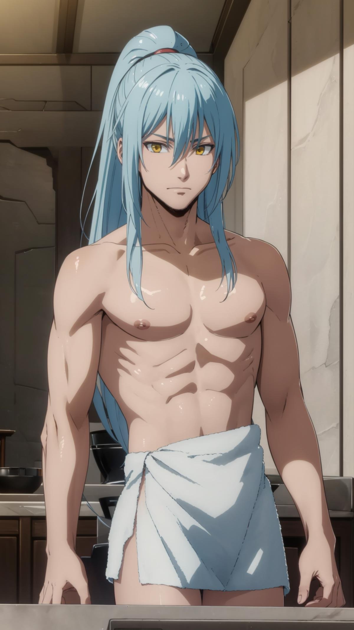 (masterpiece, best quality),ray tracing,absurdres, HDR,1boy,rimuru tempest, male, naked towel,long hair, yellow eyes, solo, blue hair,  closed mouth, hair between eyes, collarbone, looking at viewer, male focus, bangs cowboy shot,ponytail<lora:rimuru male:0.7> <lora:naked_towel_v0.1:1>