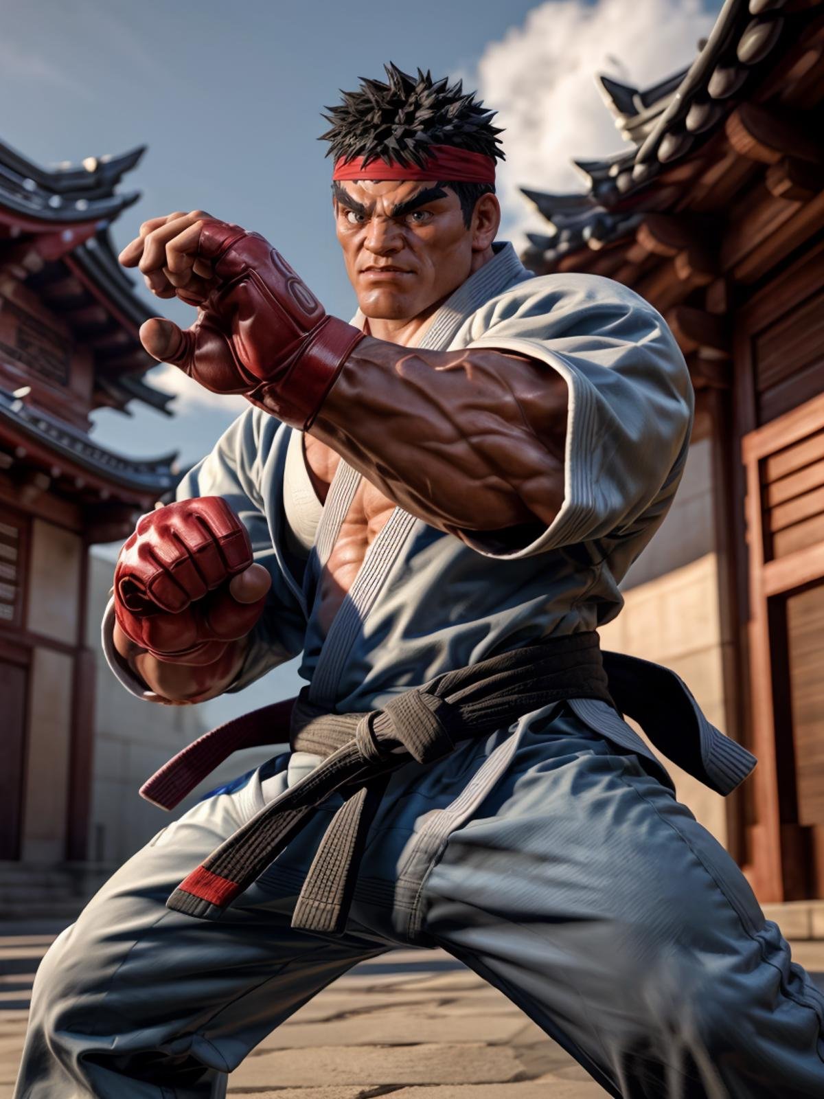 ultra realistic, unreal engine 5, anatomically correct, detailed eyes, detailed face, black eyes, thick eyebrows, male focus, solo, ryu, street fighter, muscular, black hair, short hair, (red headband), red figerless gloves, ((white jiu-jitsu kimono, pants)), sky, cloud, temple, looking at viewer<lora:Add More Details:0.8> <lora:Ryu SFV B:0.8>