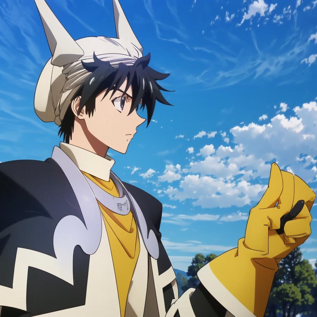 (masterpiece, best quality), ray tracing, absurdres, HDR, Taikoubou, 1boy, cloud, male focus, day, sky, black hair, solo, from side, yellow gloves, outdoors, blue sky, capelet, tree, facing away, hat, horns, upper body<lora:Taikoubou:1>