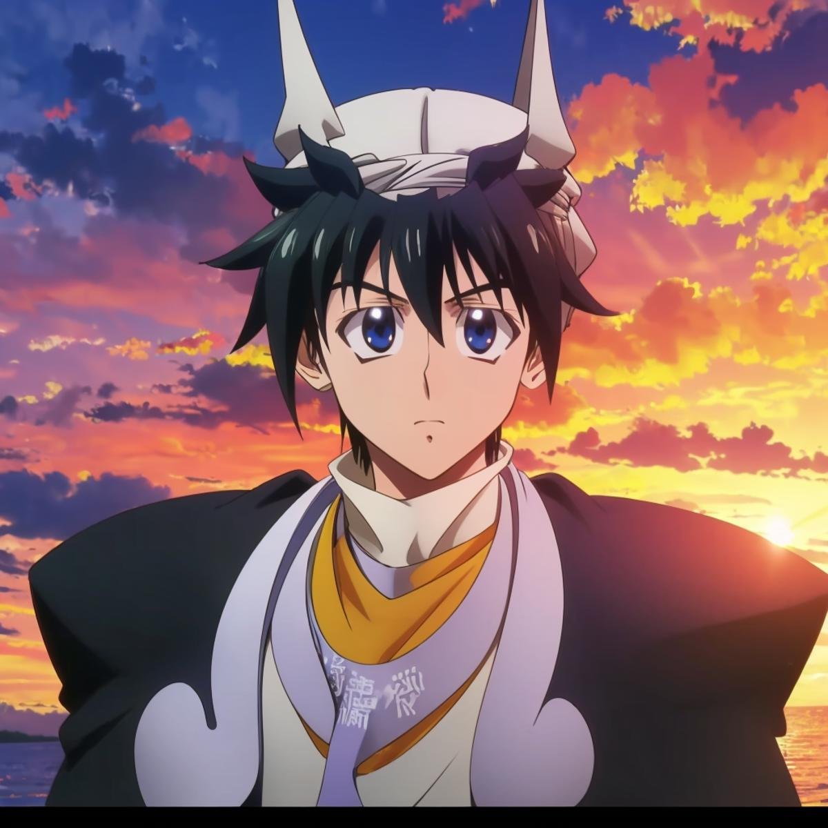 (masterpiece, best quality), ray tracing, absurdres, HDR, Taikoubou, 1boy, male focus, solo, hat, horns, sunset, sky, cloud, black hair, blue eyes, upper body, capelet,<lora:Taikoubou:1>