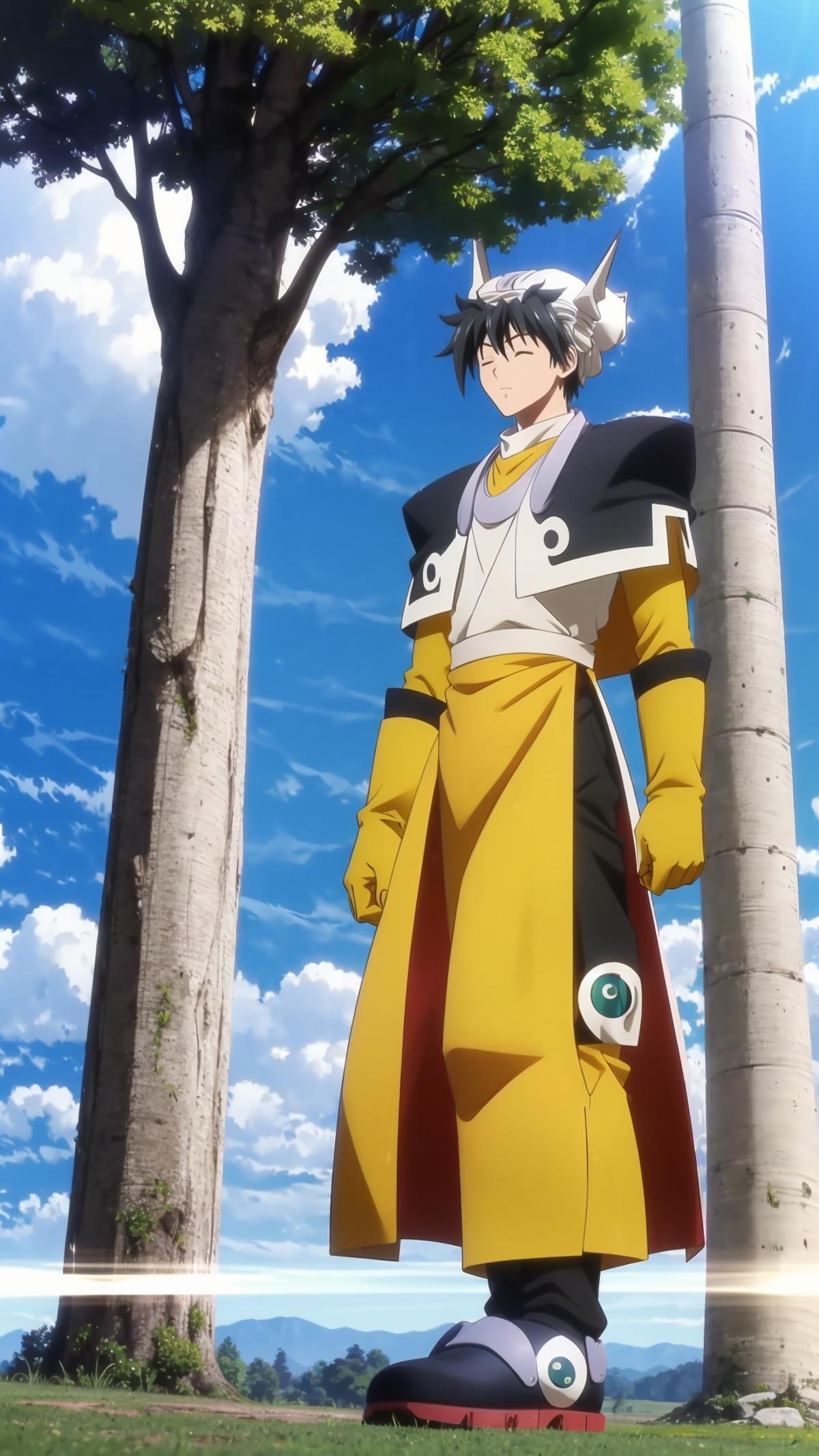 (masterpiece, best quality), ray tracing, absurdres, HDR, Taikoubou, 1boy, male focus, solo, yin yang, black hair, closed eyes, day, yellow gloves, sky, outdoors, cloud, standing, tabard, blue sky, pants, tree, capelet, hat, horns, shoes,<lora:Taikoubou:1>