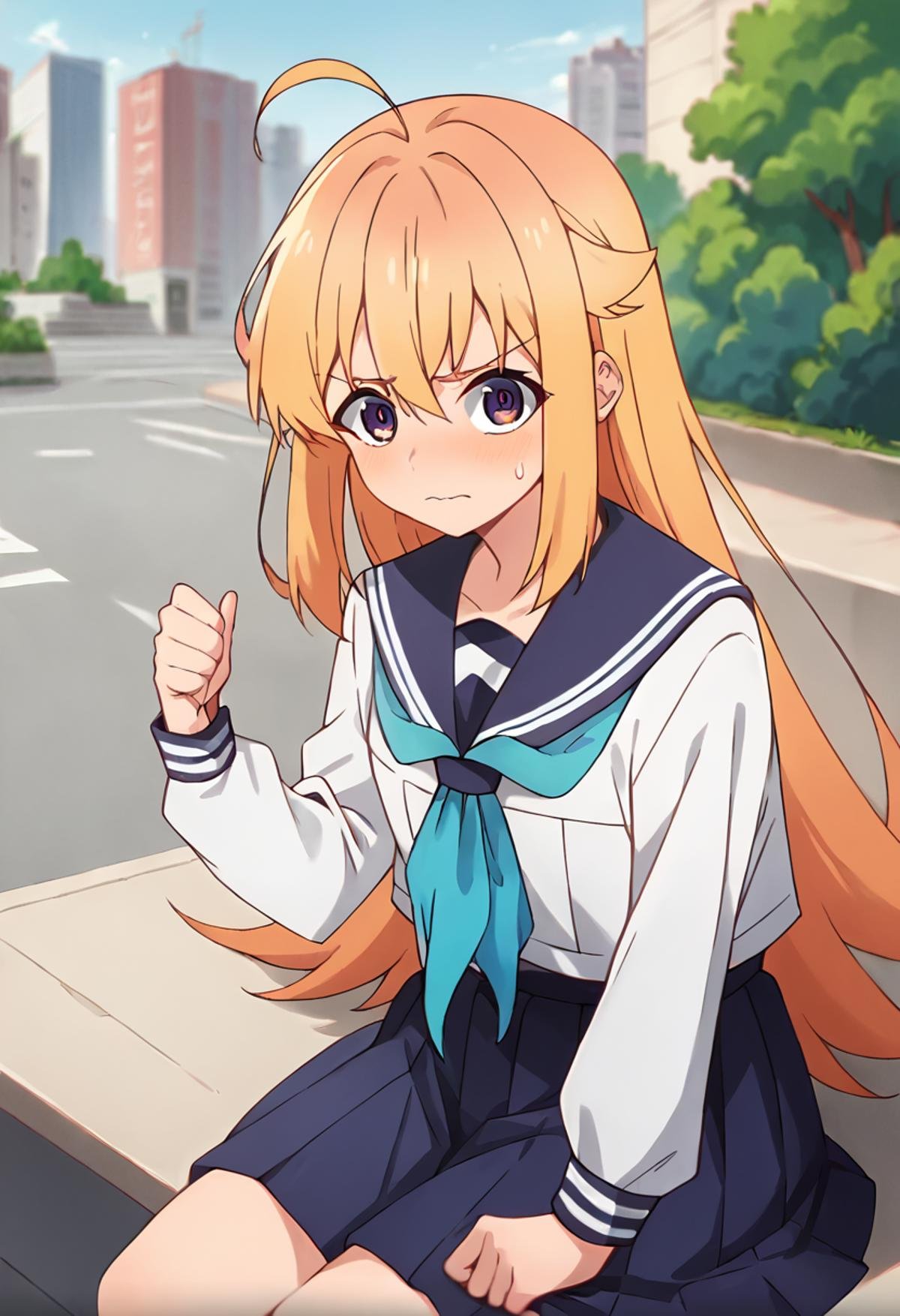 score_9, score_8_up, score_7_up, source_anime, masterpiece, 1girl, ctiank0shi, serafuku, sailor collar, blue neckerchief, skirt, long sleeves, looking at viewer, outdoors, sunny, city, depth of field,  <lora:Koshi_Torako_pony_ct:1>, sitting, sweatdrop, nervous,