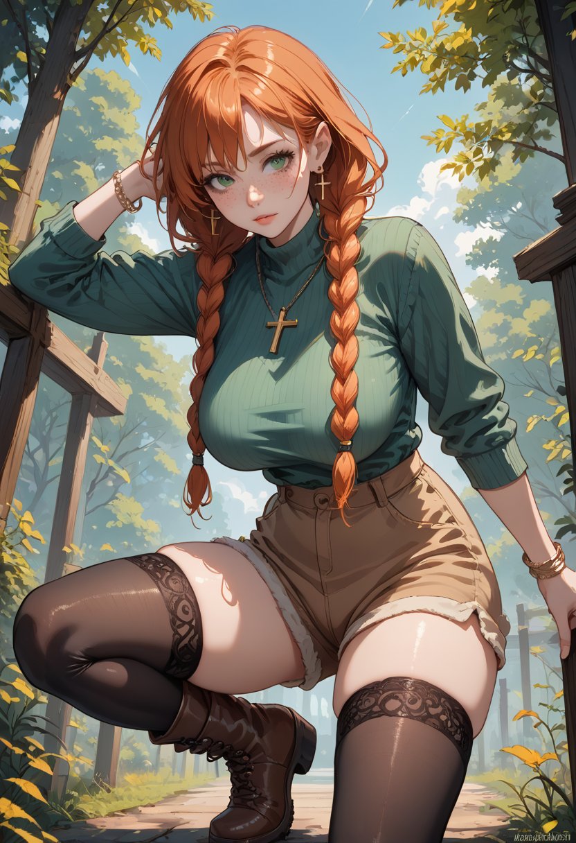 milfpeaches, score_9, score_8_up, score_8, wirish woman, natural red hair, braided twintails, braids, orange hair, green eyes, freckles, white skin, curvy, green sweater, long sleeves, long black boots, brown shirt, brown shorts, cross necklace hanging, (white skin), 1girl, solo, jewelry, bracelet, thighhighs, fellatrix style
