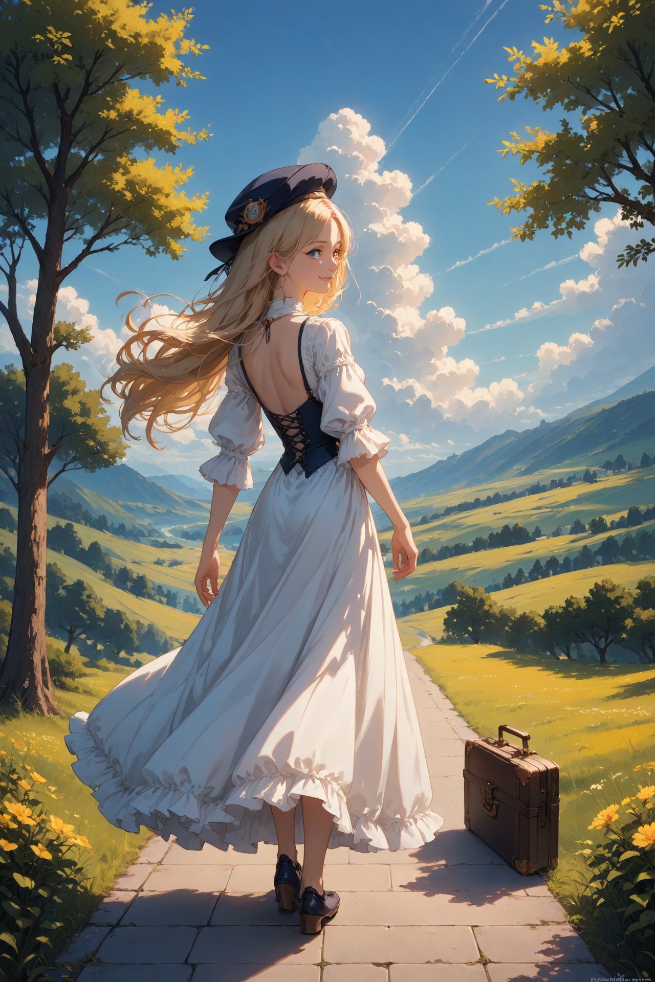 score_9, score_8_up, score_7_up, score_anime, detailed landscape, 1girl, on a path, holding suitcase, noble dress, from back, facing away the viewer, long shot, blonde hair, long hair, hair with wind, looking at viewer, smiling, countryside, flat landscape, tree, outdoors, fantasy, blue sky, clouds, sunny, hat, cgi, masterpiece, best quality, very aesthetic, absurdres