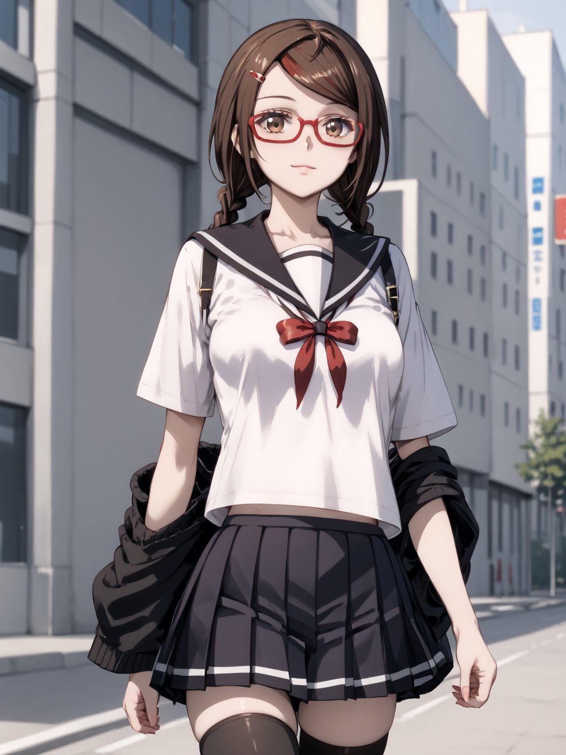 masterpiece, best quality, highres
,//Character, 
1girl, solo
,//Fashion, 

,//Background, 
,//Others, ,Expressiveh, 
,SakimiyaMisaki, brown hair, twin braids, brown eyes, glasses, red-framed eyewear, school uniform, hair ornament, hairclip, pleated skirt, black thighhighs