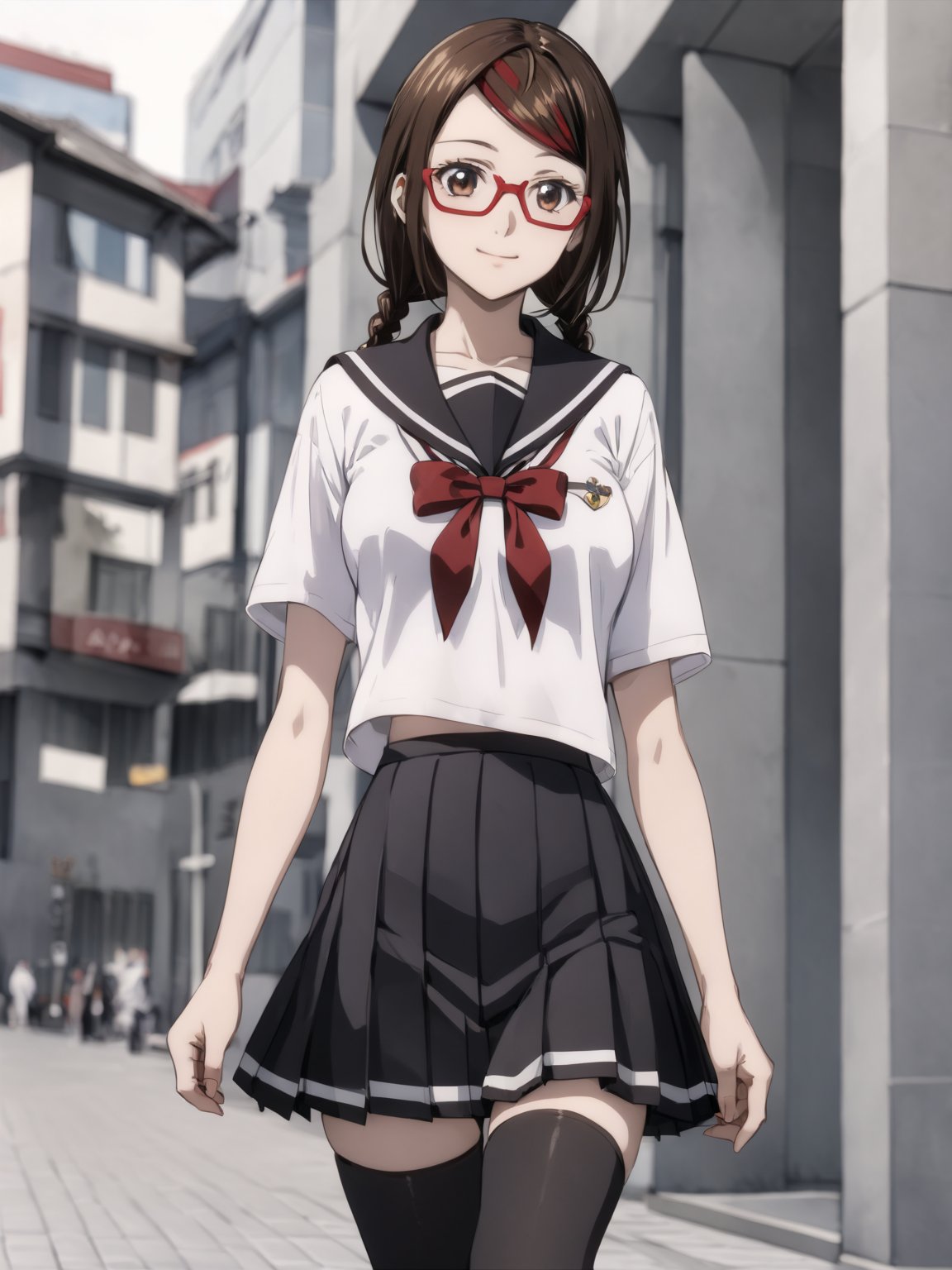 masterpiece, best quality, highres
,//Character, 
1girl, solo
,//Fashion, 

,//Background, 
,//Others, ,Expressiveh, 
,SakimiyaMisaki, brown hair, twin braids, brown eyes, glasses, red-framed eyewear, school uniform, hair ornament, hairclip, pleated skirt, black thighhighs