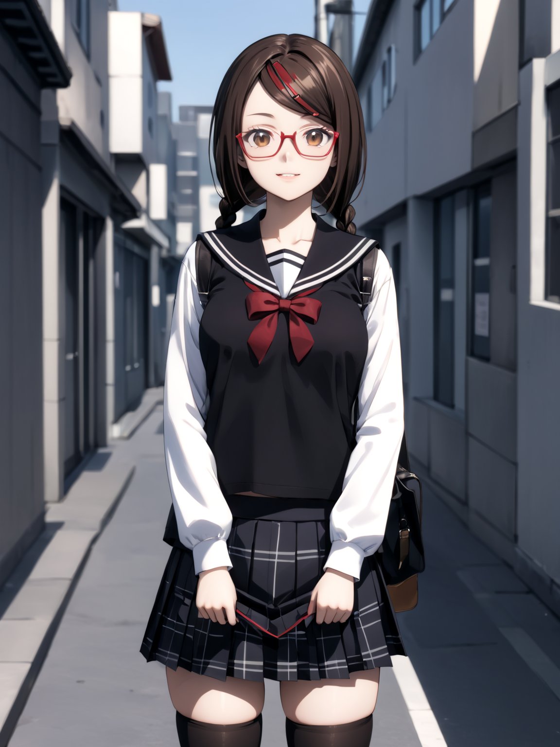 masterpiece, best quality, highres
,//Character, 
1girl, solo
,//Fashion, 

,//Background, 
,//Others, ,Expressiveh, 
,SakimiyaMisaki, brown hair, twin braids, brown eyes, glasses, red-framed eyewear, school uniform, hair ornament, hairclip, pleated skirt, black thighhighs