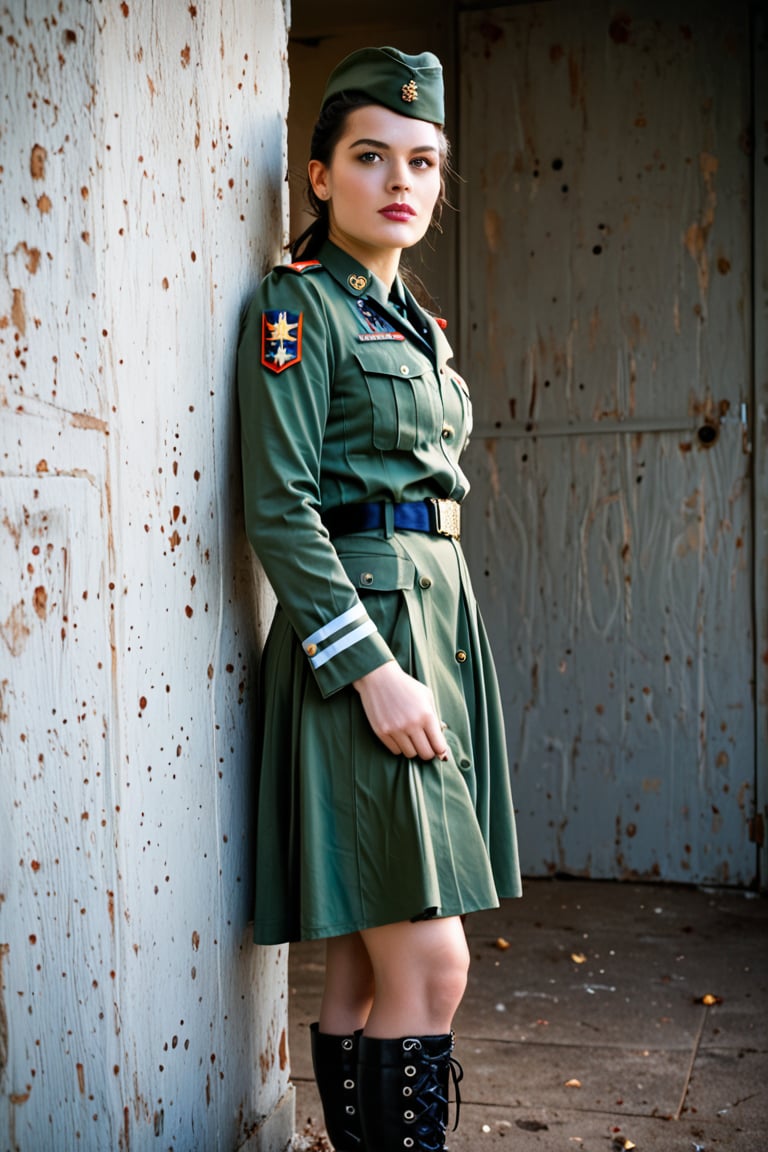 A photorealistic, full-body image of a young female soldier standing proudly in a detailed and realistic military uniform complete with a garrison cap and belt. Her black hair is tied back under the hat, and her face, with highly detailed skin texture, shows confidence. She wears a green army dress shirt without insignia or regalia and a long, (((wide army skirt that extends below the knee))). She has leather combat boots. In one hand, she grips a well-worn bolt-action sniper rifle with a wooden stock. Her serious expression is contrasted by a hint of mischief in her brown eyes. Her eyes are highly detailed with realistic reflections, shading, and depth. She stands in a realistic outdoor military setting, with natural lighting highlighting the textures and details of her uniform and surroundings. (((Photorealism:1.4))), (((brown eyes))), (((perfect eyes:1.4))), RAW photo, (highly detailed skin:1.4),