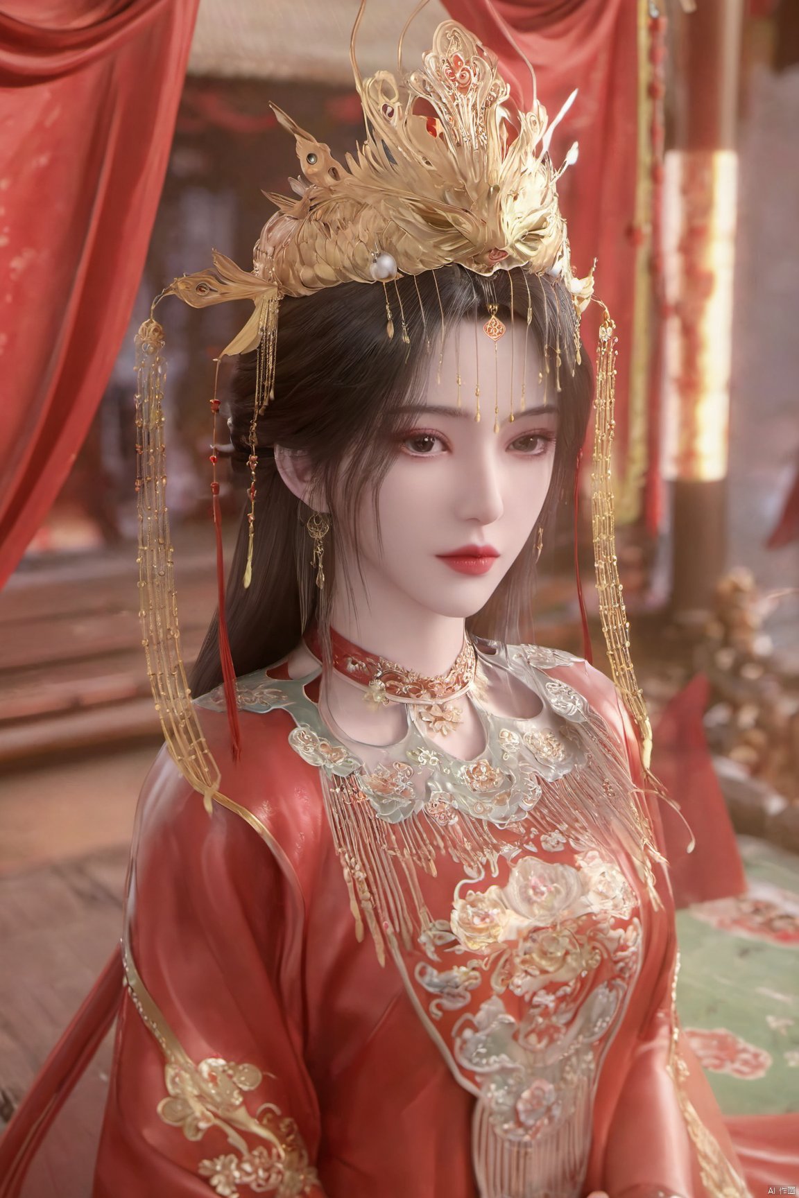 masterpiece,1girl,full_body,chinese clothes,crown,floral print,gem,gold,jewelry,lips,lipstick,long hair,looking at viewer,makeup,red lips,solo,earrings,hair ornament,necklace,red dress,Red cloth shoes,indoor, sitting,traditional wedding, festive, wedding, ,Xlimuwan, hanfu,fengguanxiapei,,(big breasts:1.69), Yunxiao_xianzi,Xtianqiong,Xsulingyun,