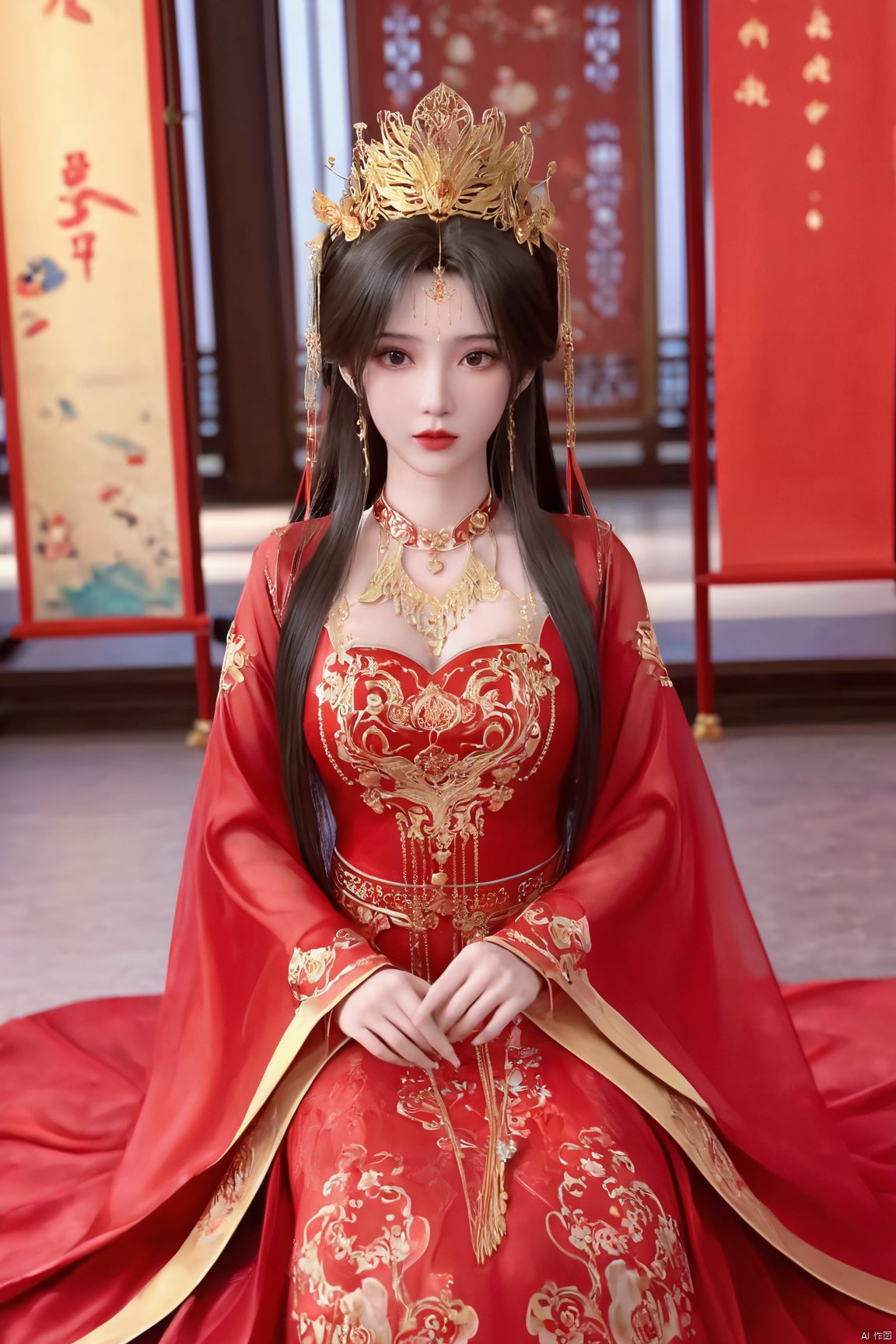 masterpiece,1girl,full_body,chinese clothes,crown,floral print,gem,gold,jewelry,lips,lipstick,long hair,looking at viewer,makeup,red lips,solo,earrings,hair ornament,necklace,red dress,Red cloth shoes,indoor, sitting,traditional wedding, festive, wedding, ,Xlimuwan, hanfu,fengguanxiapei,,(big breasts:1.69), Yunxiao_xianzi,Xtianqiong,Xsulingyun,