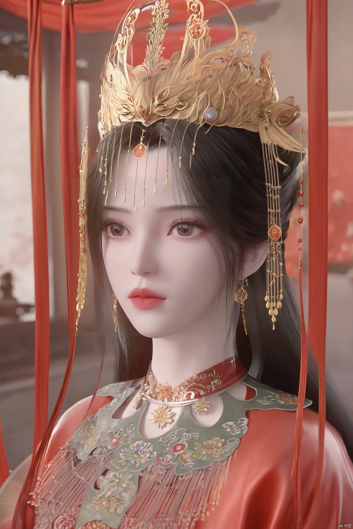 masterpiece,1girl,artist name,bangs,black eyes,black hair,chinese clothes,crown,floral print,gem,gold,jewelry,lips,lipstick,long hair,looking at viewer,makeup,red lips,solo,earrings,hair ornament,necklace,red dress,Red cloth shoes,indoor, traditional wedding, festive, wedding, ,Xlimuwan, hanfu,fengguanxiapei,,(big breasts:1.39), Yunxiao_xianzi,Xtianqiong,Xsulingyun, traditional chinese ink painting