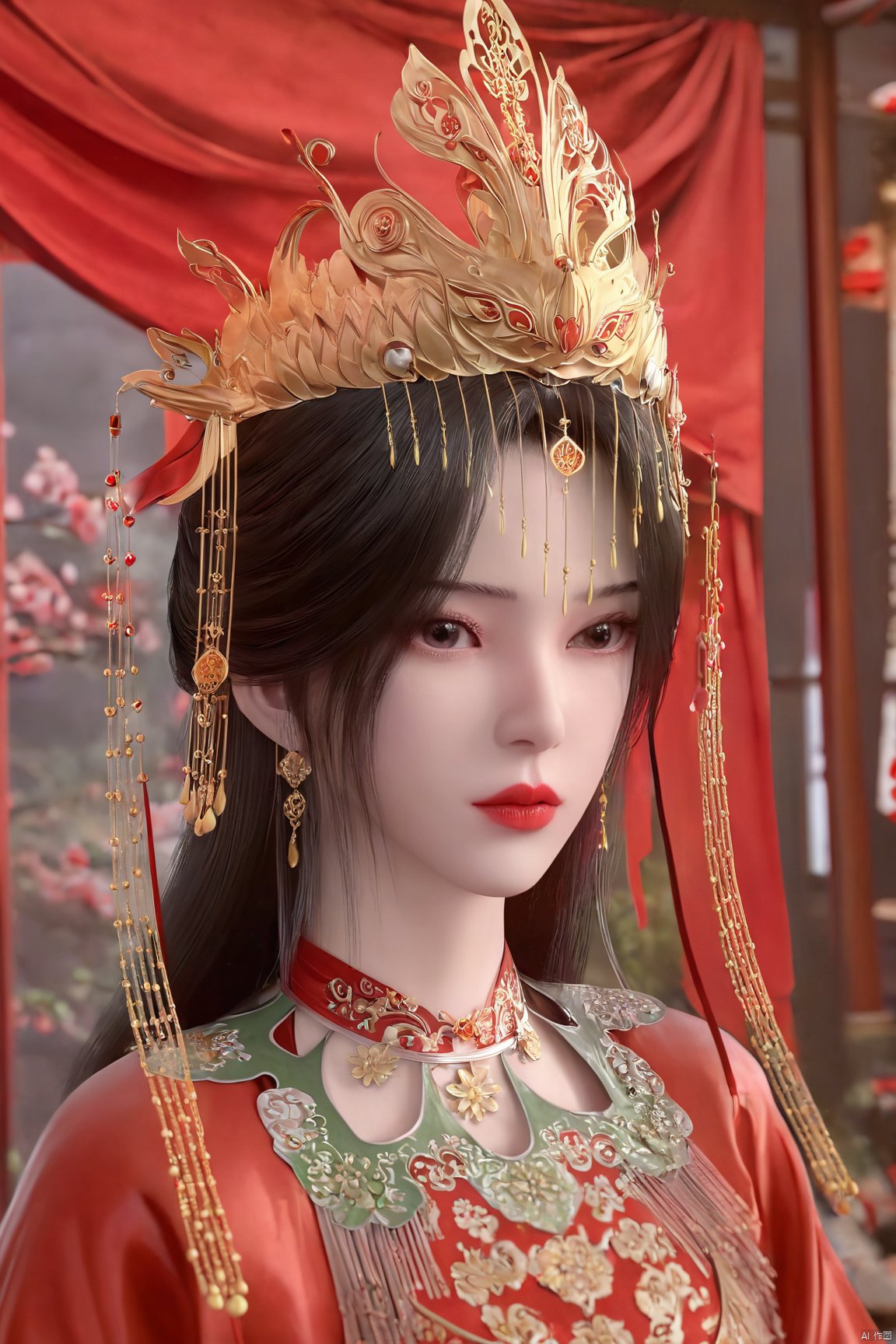 masterpiece,1girl,bangs,black eyes,black hair,chinese clothes,crown,floral print,gem,gold,jewelry,lips,lipstick,long hair,looking at viewer,makeup,red lips,solo,earrings,hair ornament,necklace,red dress,Red cloth shoes,indoor, traditional wedding, festive, wedding, ,Xlimuwan, hanfu,fengguanxiapei,,(big breasts:1.59), Yunxiao_xianzi,Xtianqiong,Xsulingyun,