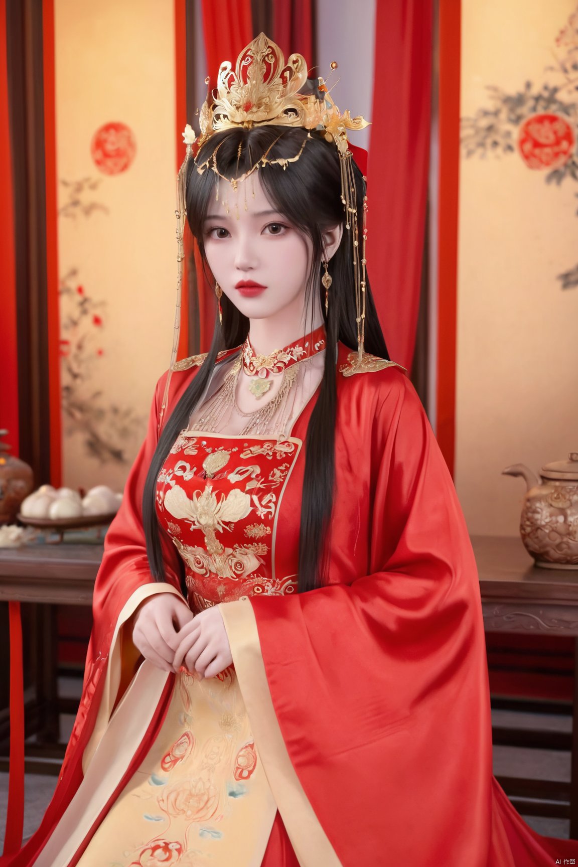 masterpiece,1girl,artist name,bangs,black eyes,black hair,chinese clothes,crown,floral print,gem,gold,jewelry,lips,lipstick,long hair,looking at viewer,makeup,red lips,solo,earrings,hair ornament,necklace,red dress,Red cloth shoes,indoor, traditional wedding, festive, wedding, ,Xlimuwan, hanfu,fengguanxiapei,,(big breasts:1.23),