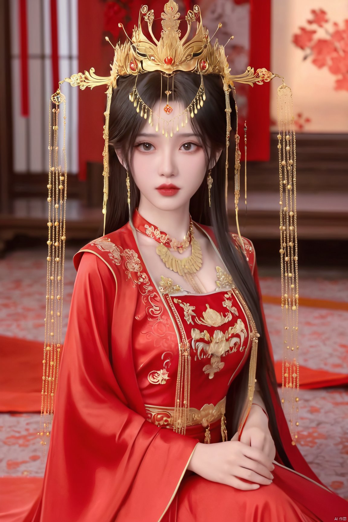 masterpiece,1girl,artist name,bangs,black eyes,black hair,chinese clothes,crown,floral print,gem,gold,jewelry,lips,lipstick,long hair,looking at viewer,makeup,red lips,solo,earrings,hair ornament,necklace,red dress,Red cloth shoes,indoor, traditional wedding, festive, wedding, ,Xlimuwan, hanfu,fengguanxiapei,,(big breasts:1.23),