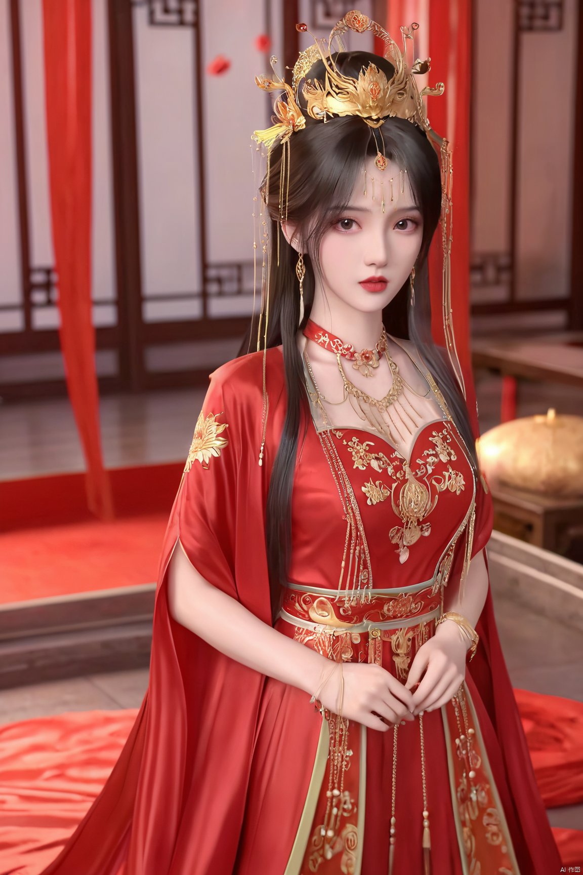 masterpiece,1girl,artist name,bangs,black eyes,black hair,chinese clothes,crown,floral print,gem,gold,jewelry,lips,lipstick,long hair,looking at viewer,makeup,red lips,solo,earrings,hair ornament,necklace,red dress,Red cloth shoes,indoor, traditional wedding, festive, wedding, ,Xlimuwan, hanfu,fengguanxiapei,,(big breasts:1.23), Yunxiao_xianzi,Xtianqiong,Xsulingyun