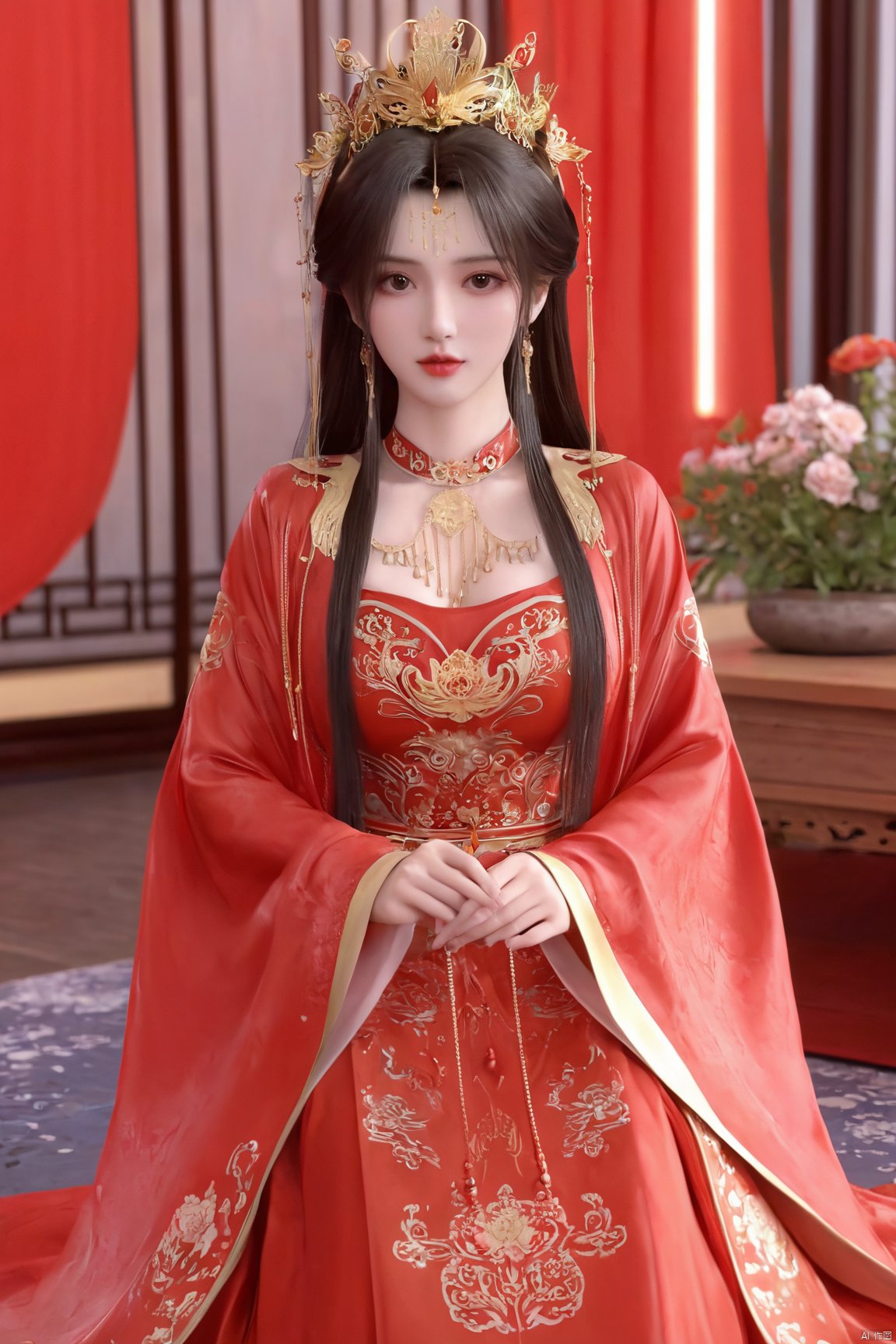 masterpiece,1girl,full_body,chinese clothes,crown,floral print,gem,gold,jewelry,lips,lipstick,long hair,looking at viewer,makeup,red lips,solo,earrings,hair ornament,necklace,red dress,Red cloth shoes,indoor, sitting,traditional wedding, festive, wedding, ,Xlimuwan, hanfu,fengguanxiapei,,(big breasts:1.69), Yunxiao_xianzi,Xtianqiong,Xsulingyun,