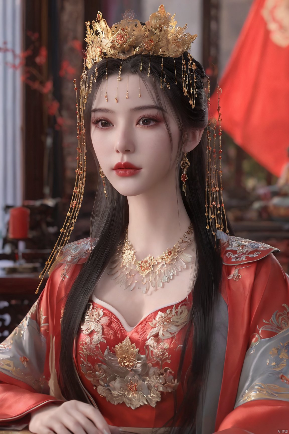 masterpiece,1girl,artist name,bangs,black eyes,black hair,chinese clothes,crown,floral print,gem,gold,jewelry,lips,lipstick,long hair,looking at viewer,makeup,red lips,solo,earrings,hair ornament,necklace,red dress,Red cloth shoes,indoor, traditional wedding, festive, wedding, ,Xlimuwan, hanfu,fengguanxiapei,,(big breasts:1.39), Yunxiao_xianzi,Xtianqiong,Xsulingyun, traditional chinese ink painting