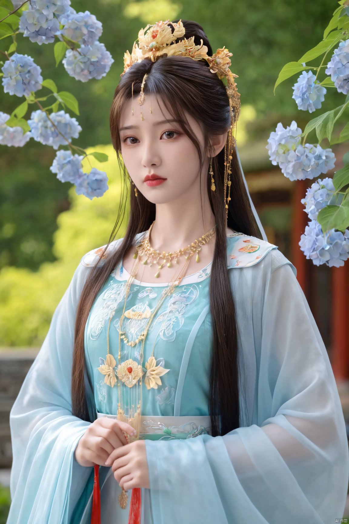  (best quality,masterpiece),Xlimuwan,1girl,solo,very long hair,looking at viewer,jewelry,closed mouth,,sunlight,(big breasts:1.39),X-Hydrangea, song_hanfu,Xliushen,Xyunluo