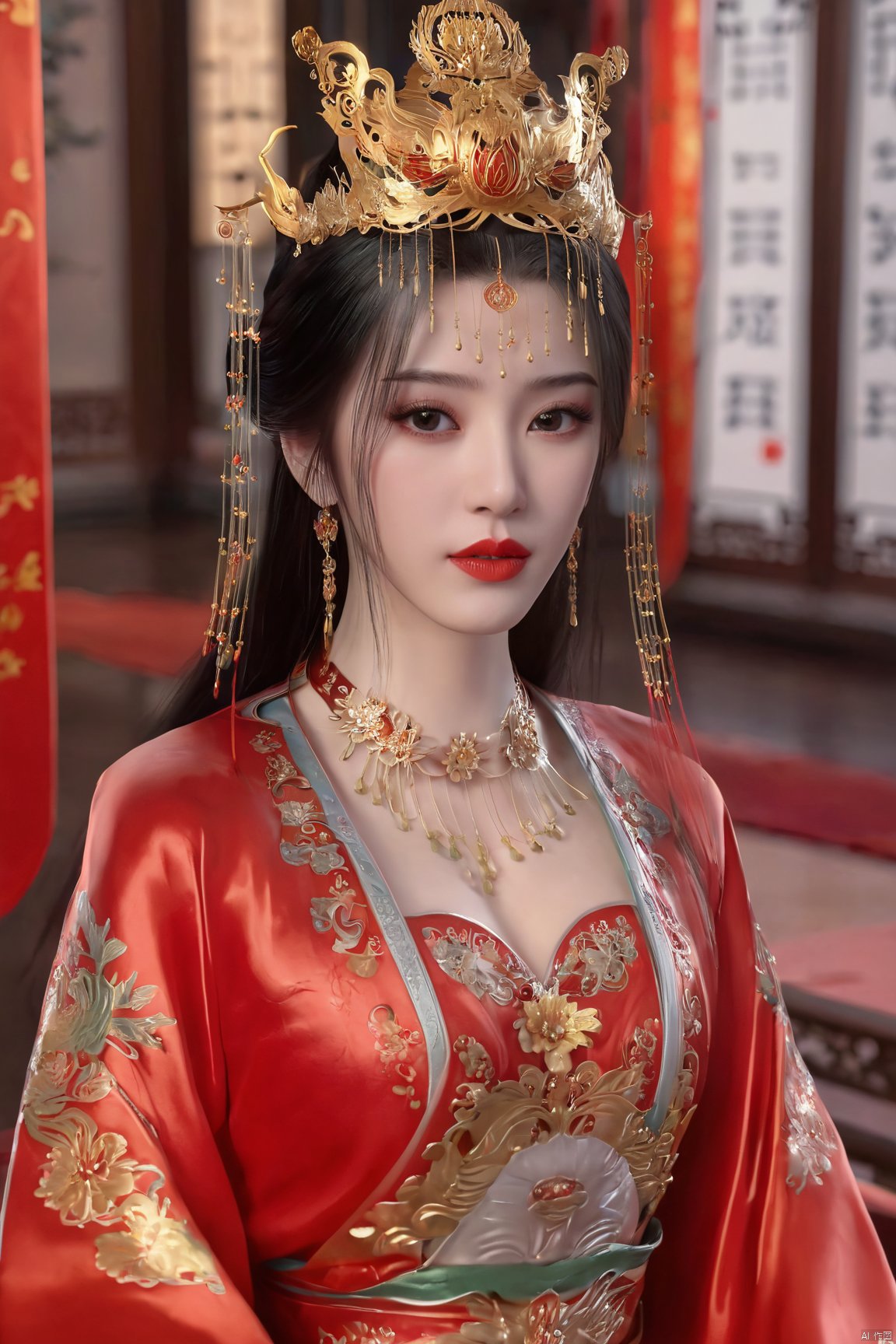 masterpiece,1girl,artist name,bangs,black eyes,black hair,chinese clothes,crown,floral print,gem,gold,jewelry,lips,lipstick,long hair,looking at viewer,makeup,red lips,solo,earrings,hair ornament,necklace,red dress,Red cloth shoes,indoor, traditional wedding, festive, wedding, ,Xlimuwan, hanfu,fengguanxiapei,,(big breasts:1.39), Yunxiao_xianzi,Xtianqiong,Xsulingyun, traditional chinese ink painting