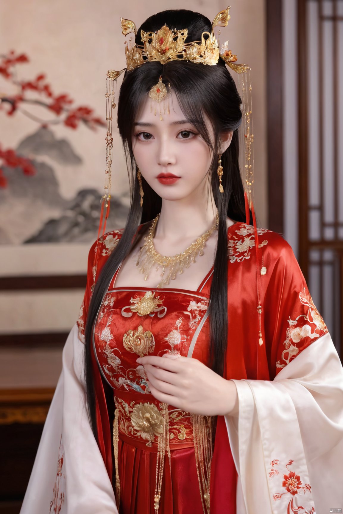 masterpiece,1girl,artist name,bangs,black eyes,black hair,chinese clothes,crown,floral print,gem,gold,jewelry,lips,lipstick,long hair,looking at viewer,makeup,red lips,solo,earrings,hair ornament,necklace,red dress,Red cloth shoes,indoor, traditional wedding, festive, wedding, ,Xlimuwan, hanfu,fengguanxiapei,,(big breasts:1.39), Yunxiao_xianzi,Xtianqiong,Xsulingyun, traditional chinese ink painting