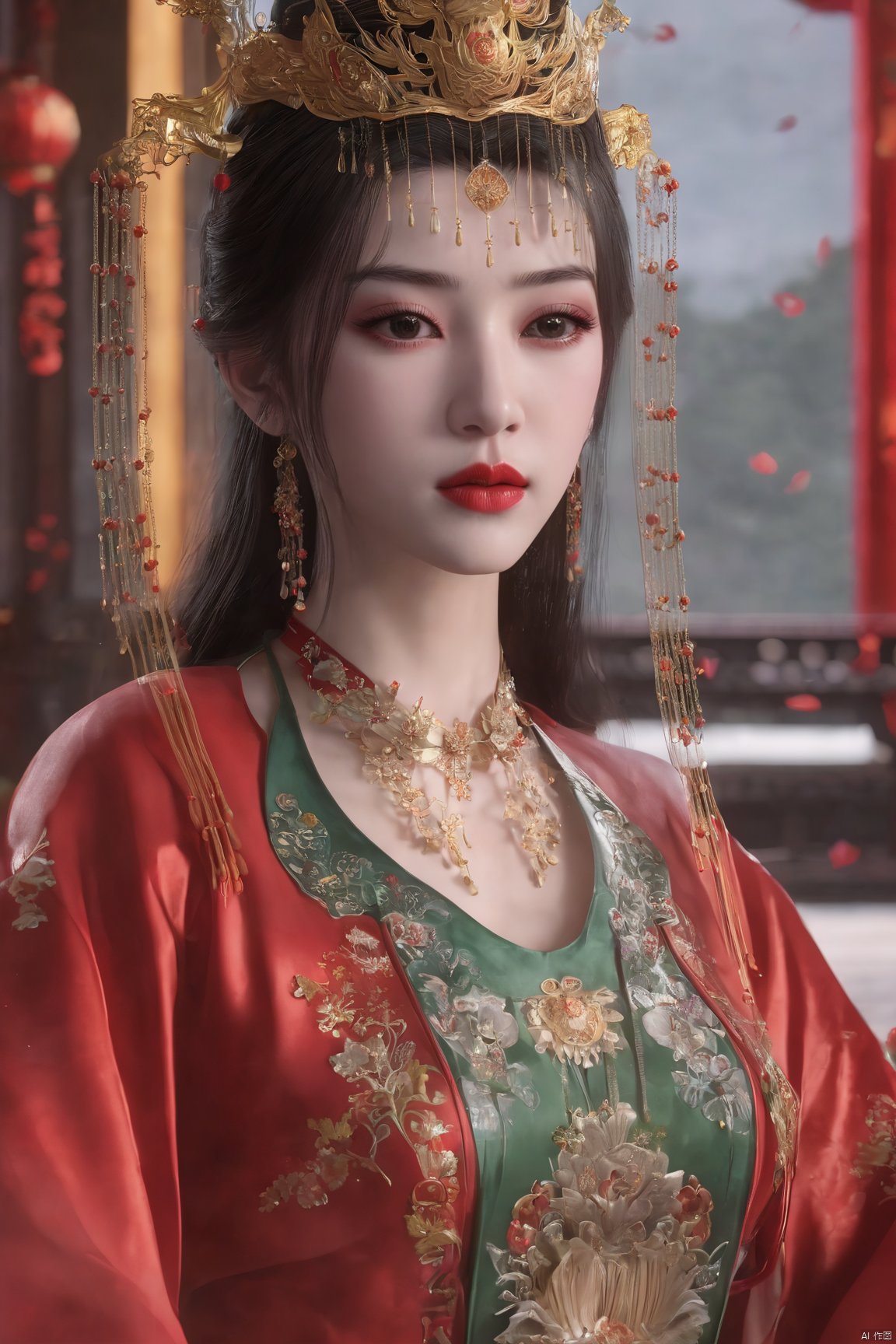 masterpiece,1girl,artist name,bangs,black eyes,black hair,chinese clothes,crown,floral print,gem,gold,jewelry,lips,lipstick,long hair,looking at viewer,makeup,red lips,solo,earrings,hair ornament,necklace,red dress,Red cloth shoes,indoor, traditional wedding, festive, wedding, ,Xlimuwan, hanfu,fengguanxiapei,,(big breasts:1.39), Yunxiao_xianzi,Xtianqiong,Xsulingyun, traditional chinese ink painting