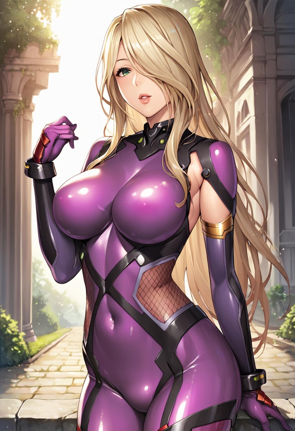 PonyXLV6_Scores,source_anime,masterpiece,best quality, highly detailed, perfect anatomy,amazing quality,BREAK <lora:kaworu:0.8>kaworu,1girl, solo, breasts, long hair, blonde hair, green eyes, large breasts, hair over one eye, covered navel, bodysuit, looking at viewer,  clothes, skin tight, gloves, parted lips,  purple bodysuit, gradient, elbow gloves, bodysuit, fishnets,side cutout,outdoors, 