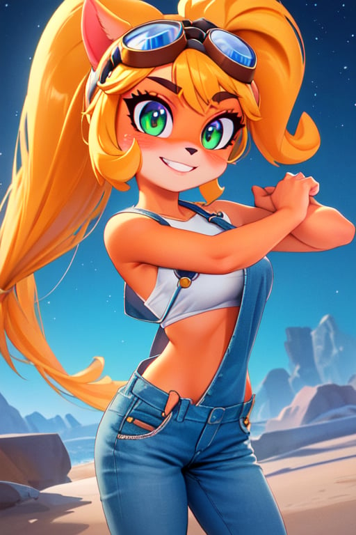 <lora:mike-18:0.6>coco,breasts,long hair,looking at viewer, blush, goggles on head,,smile,overalls, body fur, two-tone fur, yellow fur (realistic:1.2), (realism), (masterpiece:1.2), (best quality), (ultra detailed), (8k, 4k, intricate),(full-body-shot:1),(Cowboy-shot:1.2), (85mm),light particles, lighting, (highly detailed:1.2),(detailed face:1.2), (gradients), colorful,(detailed background),detailed landscape, (dynamic angle:1.2), (dynamic pose:1.2), (rule of third_composition:1.3), (Line of action:1.2)