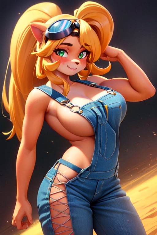 <lora:mike-18:0.6>coco,breasts,long hair,looking at viewer, blush, goggles on head,,smile,overalls, body fur, two-tone fur, yellow fur (realistic:1.2), (realism), (masterpiece:1.2), (best quality), (ultra detailed), (8k, 4k, intricate),(full-body-shot:1),(Cowboy-shot:1.2), (85mm),light particles, lighting, (highly detailed:1.2),(detailed face:1.2), (gradients),(detailed background),detailed landscape, (dynamic angle:1.2), (dynamic pose:1.2), (rule of third_composition:1.3), (Line of action:1.2)