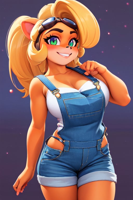 <lora:mike-18:0.6>coco,breasts,long hair,looking at viewer, blush, goggles on head,,smile,overalls, body fur, two-tone fur, yellow fur (realistic:1.2), (realism), (masterpiece:1.2), (best quality), (ultra detailed), (8k, 4k, intricate),(full-body-shot:1),(Cowboy-shot:1.2), (85mm),light particles, lighting, (highly detailed:1.2),(detailed face:1.2), (gradients), colorful,(detailed background),detailed landscape, (dynamic angle:1.2), (dynamic pose:1.2), (rule of third_composition:1.3), (Line of action:1.2)