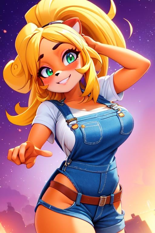 <lora:mike-18:0.6>coco,breasts,long hair,looking at viewer, blush, goggles on head,,smile,overalls, body fur, two-tone fur, yellow fur (realistic:1.2), (realism), (masterpiece:1.2), (best quality), (ultra detailed), (8k, 4k, intricate),(full-body-shot:1),(Cowboy-shot:1.2), (85mm),light particles, lighting, (highly detailed:1.2),(detailed face:1.2), (gradients), colorful,(detailed background),detailed landscape, (dynamic angle:1.2), (dynamic pose:1.2), (rule of third_composition:1.3), (Line of action:1.2)