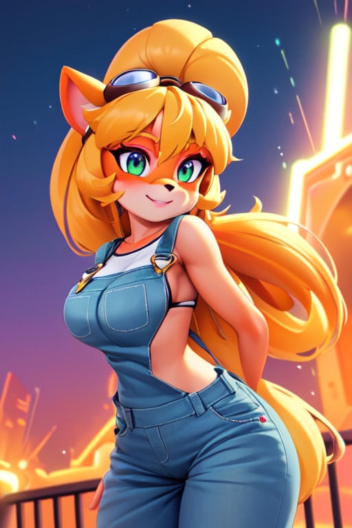 <lora:mike-18:0.6>coco,breasts,long hair,looking at viewer, blush, goggles on head,,smile,overalls, body fur, two-tone fur, yellow fur (realistic:1.2), (realism), (masterpiece:1.2), (best quality), (ultra detailed), (8k, 4k, intricate),(full-body-shot:1),(Cowboy-shot:1.2), (85mm),light particles, lighting, (highly detailed:1.2),(detailed face:1.2), (gradients), colorful,(detailed background),detailed landscape, (dynamic angle:1.2), (dynamic pose:1.2), (rule of third_composition:1.3), (Line of action:1.2)