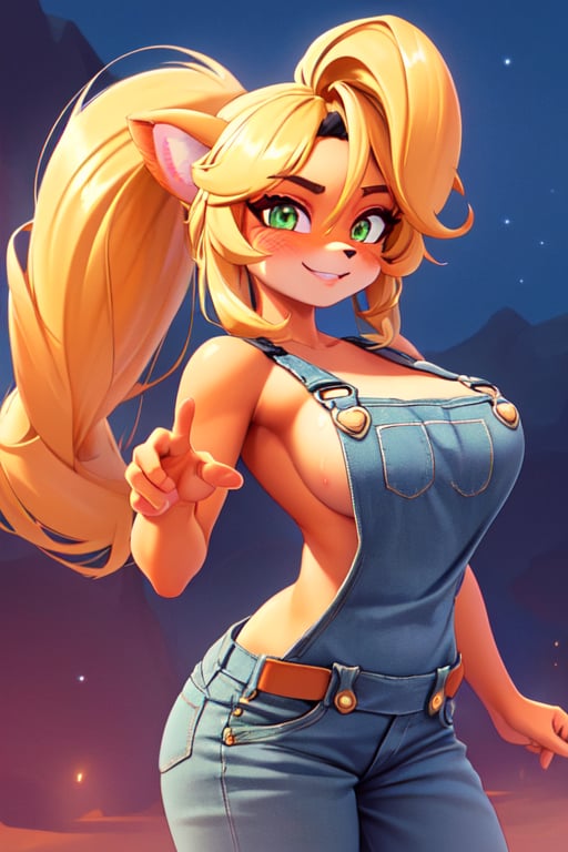 <lora:mike-18:0.6>coco,breasts,long hair,looking at viewer, blush, nsfw,goggles on head,,smile,overalls, body fur, two-tone fur, yellow fur (realistic:1.2), (realism), (masterpiece:1.2), (best quality), (ultra detailed), (8k, 4k, intricate),(full-body-shot:1),(Cowboy-shot:1.2), (85mm),light particles, lighting, (highly detailed:1.2),(detailed face:1.2), (gradients),(detailed background),detailed landscape, (dynamic angle:1.2), (dynamic pose:1.2), (rule of third_composition:1.3), (Line of action:1.2)