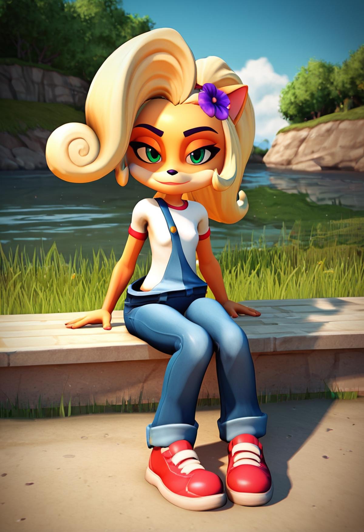 PonyXLV6_Scores,source_anime,masterpiece,best quality, highly detailed, perfect anatomy,amazing quality,3d,BREAK <lora:coco:0.8>coco, 1girl, solo, shirt, overalls, green eyes, blonde hair, white shirt, hair ornament, animal ears, flower, sitting, hair flower, short sleeves, furry, half-closed eyes, grass, looking at viewer, furry female, long hair, shoes, red footwear, full body, pants, closed mouth, shiny, outdoors, shiny hair, body fur, ponytail, water, 