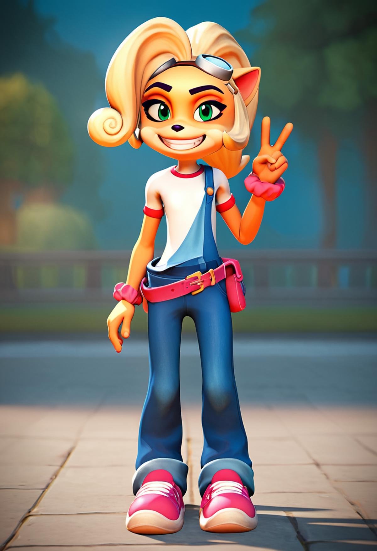 PonyXLV6_Scores,source_anime,masterpiece,best quality, highly detailed, perfect anatomy,amazing quality,3d,BREAK <lora:coco:0.8>coco, overalls, smile, solo, 1girl, teeth, grin, happy, goggles, shirt, green eyes, v, shoes, full body, furry, looking at viewer, white shirt, animal ears, blue overalls, hand up, pink footwear, flat chest, furry female, short sleeves, blue background, standing, eyewear on head, belt, blonde hair, goggles on head, pouch, ponytail, wrist scrunchie, artist name, blurry background, scrunchie, sneakers, red footwear, body fur, makeup, animal nose, blurry