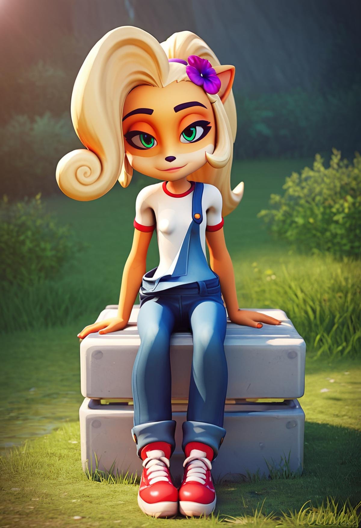 PonyXLV6_Scores,source_anime,masterpiece,best quality, highly detailed, perfect anatomy,amazing quality,3d,BREAK <lora:coco:0.8>coco, 1girl, solo, shirt, overalls, green eyes, blonde hair, white shirt, hair ornament, animal ears, flower, sitting, hair flower, short sleeves, furry, half-closed eyes, grass, looking at viewer, furry female, long hair, shoes, red footwear, full body, pants, closed mouth, shiny, outdoors, shiny hair, body fur, ponytail, water, 