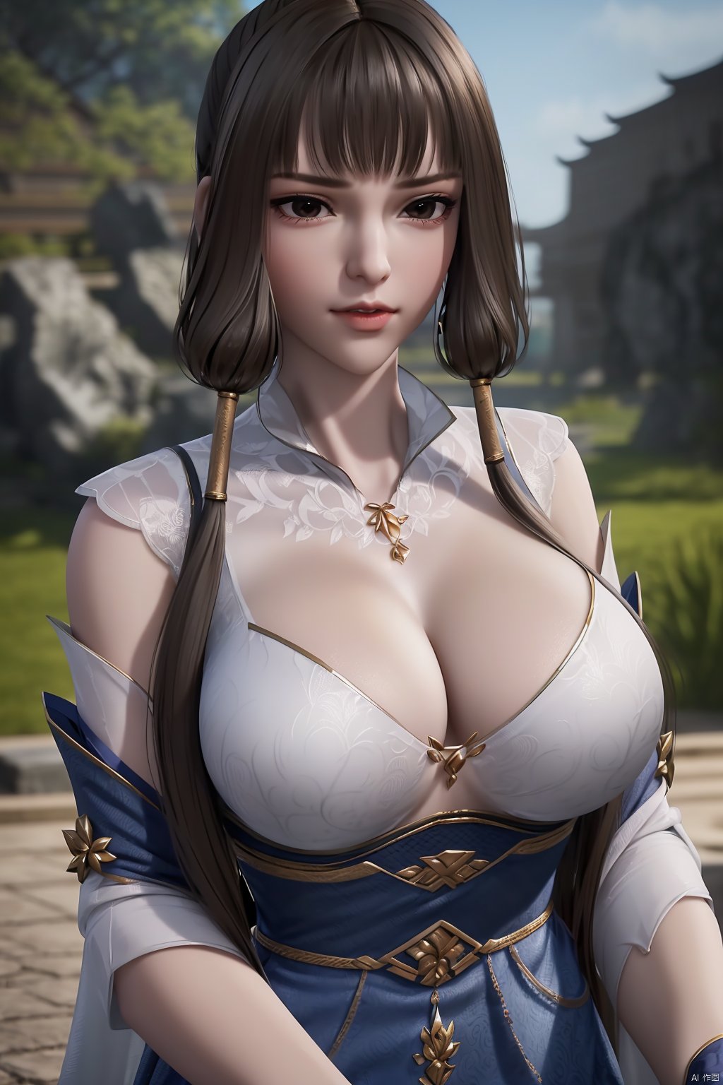 (8k, RAW photo, best quality, masterpiece:1.2), (realistic, photorealistic:1.3), ultra-detailed, extremely detailed cg 8k wallpaper, (crystalstexture skin:1.2), extremely delicate and beautiful,1girl,black, long hair, earrings,chinese clothes,dress,(big breasts),looking at viewer,cowboy shot,(outdoor:1.3),