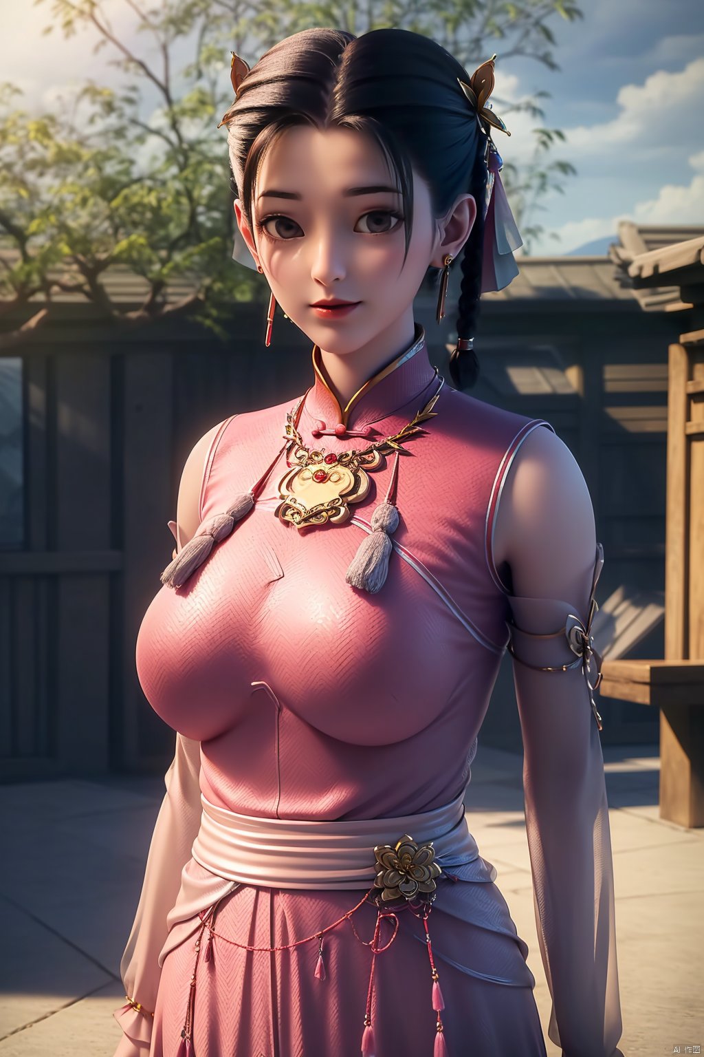 (8k, RAW photo, best quality, masterpiece:1.2), (realistic, photorealistic:1.3), ultra-detailed, extremely detailed cg 8k wallpaper, (crystalstexture skin:1.2), extremely delicate and beautiful,1girl,black, long hair, earrings,chinese clothes,dress,(big breasts),looking at viewer,cowboy shot,(outdoor:1.3),